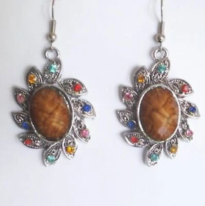 Pretty Faceted Brown Oval & Colourful Crystals Silver Tone Hook Earrings: UK - Picture 1 of 7