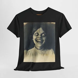 Cursed Smiling Woman T-Shirt – Too Many Teeth and Wide Eyes Vintage Horror - Picture 1 of 17