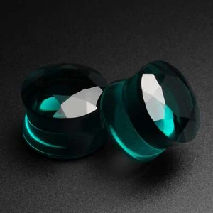 Faceted Teal Glass Double Flare Plug Glass Ear Gauges Stretchers - Picture 1 of 2