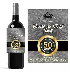 Etichetta bottiglia di vino personalizzata 50° anniversario di matrimonio/regalo di nozze ORO - Foto 1 di 7