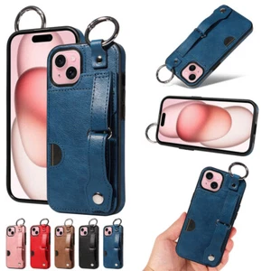 For iPhone 15 14 13 12 11 XS XR SE 7 8 Wrist Strap Ring Stand Leather Case Cover - Picture 1 of 31