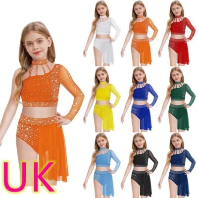 Girls Dance Outfits Sparkly One Shoulder Crop Tops Mesh Skirted Briefs Dancewear - Image 1 of 4