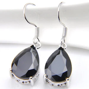 Water Drop Black Sapphire Gemstone Solid Silver Dangle Hook Earrings For Woman - Picture 1 of 6