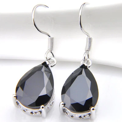 Water Drop Black Onyx Gemstone Solid Silver Dangle Hook Earrings For Woman - Image 1 of 4