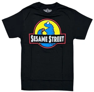 Sesame Street Men's T-Shirt Cookie Monster Jurassic Park Short Sleeve Black Tee - Picture 1 of 1
