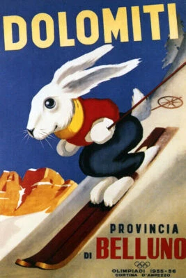 DOLOMITI CORTINA 1955 1956 ITALY SKI BUNNY WINTER SPORTS VINTAGE POSTER REPRO - Image 1 of 3