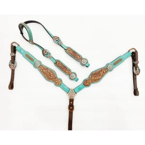 Juego de cabecera y cuello de pecho de cuero azul turquesa y marrón cabecero MOUSM - Imagen 1 de 17