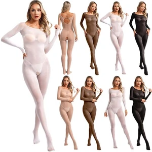 Women Unitard Sexy Leotard Ultra Rompers Compression Jumpsuit Long Sleeve Silk - Foto 1 di 97
