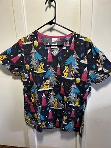 Disney Winnie The Pooh And Tigger Women’s Christmas Scrub Top Medium Black Pink - Picture 1 of 5