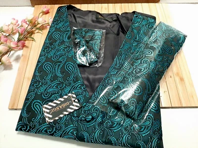 3XL DiBanGu Mens Wedding Paisley Suit Vest, Waistcoat Necktie Pocket Square Teal - Image 1 of 4