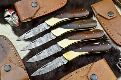 Lot of 4 PC DAMASCUS STEEL POCKET FOLDING KNIVES, POCKET KNIVFES W/SHEATH Z-2117 - Image 1 of 4