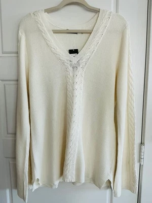 Pulôver Verve Ami feminino XL marfim gola V malha cabo manga longa suéter novo com etiquetas - Imagem 1 de 4