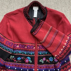 Vintage Koret Damen Pullover rot Fair Isle Reißverschluss bestickt Blumen Strick Gr. L - Bild 1 von 7