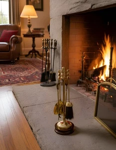 Vintage Brass & Enamel Fireplace Tool Set – Handcrafted Indian Design - Picture 1 of 17