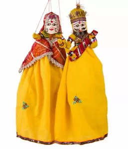 Rajasthani Traditional Handmade String Puppet Pair for Home Décor Yellow Color - Bild 1 von 1
