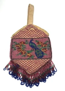 ANTIQUE ART DECO  Peacock LOOMED  GLASS  Micro Bead FRINGE Handbag PURSE - Picture 1 of 7