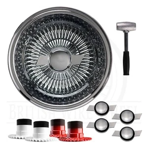 14x7 Rev 100 Spoke Straight Lace Lowrider Wire Wheels, Chevy KO Caps, Set of 4 - Picture 1 of 94