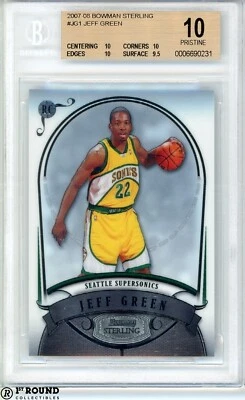 Tarjeta de novato POP 1: Jeff Green RC BGS 10: 2007-08 Bowman Sterling impecable #JG1 Foto 1 de 3