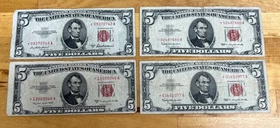 $5 Red Seal Star Notes Currency 1953 A/B & 1963 Lot Of 4 - Image 1 of 4