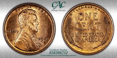 CACG MS-65 RB 1909-S Lincoln Cent, Blazing, Predominantly Red, Key-Date Gem! - Image 1 of 3