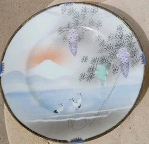 A Pair Japanese Kutani Porcelain Cranes Hanging Flowers Plates (Meiji Period) - Picture 1 of 8