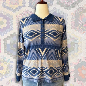 Ralph Lauren Chaps Blue Aztec Boho Western Thermal Long Sleeve Henley Size XL - Picture 1 of 12