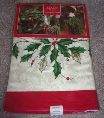 Lenox Tablecloth HOLIDAY Golden Holly Leaves #7353~70"x52" Oblong~Red Border NEW - Image 1 of 4