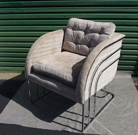 George Mergenov Chrome Frame Lounge Chair Vintage Triple Rail Club Chair Plaid Cover