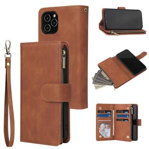Zipper Flip Wallet Leather Card Case Cover For iPhone 14 13 12Pro 11 XR 7 8 Plus - Picture 1 of 36