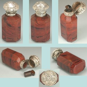 Antique Sterling Silver Top Lithyalin Glass Perfume Bottle * English *Circa 1850