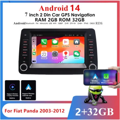 7'' Android 14 Car Radio Stereo GPS Navigation 2GB+32GB For Fiat Panda 2003-2012 — 第 1/4 张图片