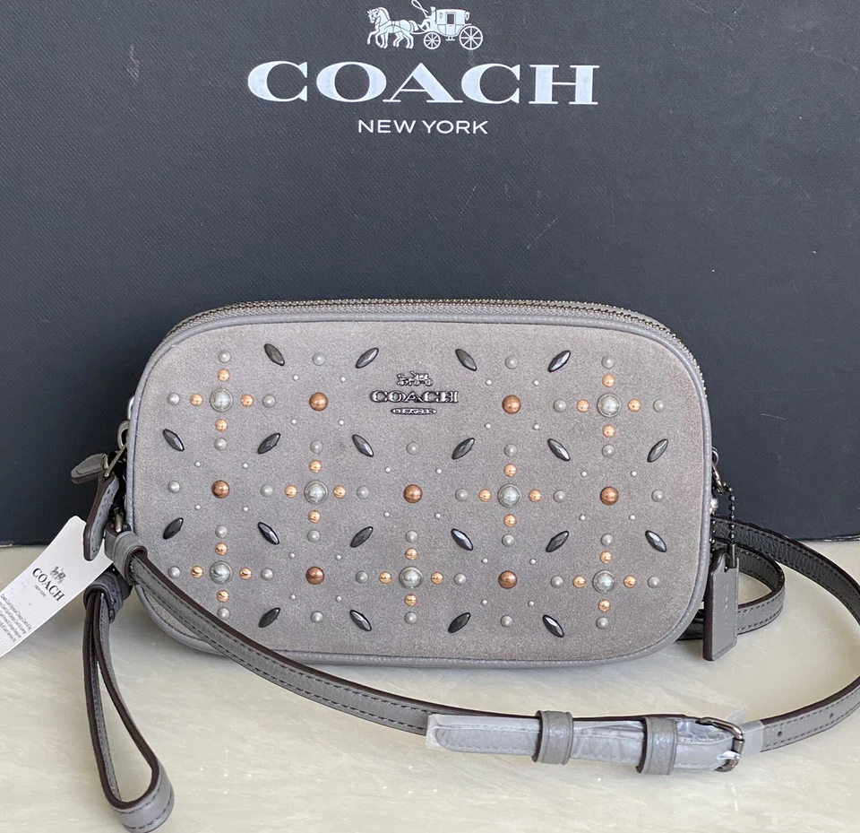 Coach Crossbody Wristlet Clutch Prairie Rivets Heather Grey 22868