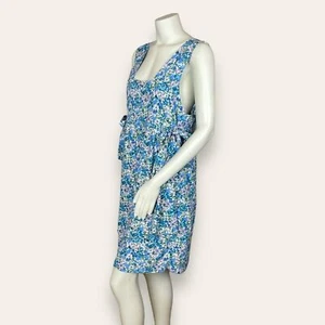 Vintage Liberty Dress Apron Style Faux Wrap Side Ties Square Neck Blue Floral - Picture 1 of 16