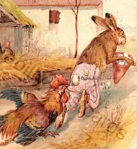 Cartolina pasquale fantasia 1907 gallo insegue coniglio vestito ruba uova - Foto 1 di 3