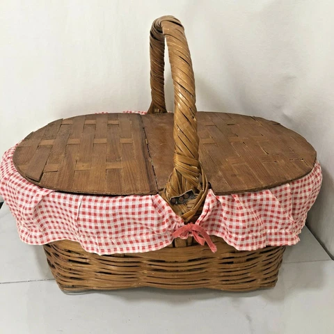 Vintage Picnic Basket Woven Wood Double Hinged Lid Red White Liner Farmhouse Cover