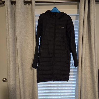 Columbia 女式 Powder Lite Puffer 夹克黑色连帽 Omni-Heat 尺寸 L — 第 1/3 张图片