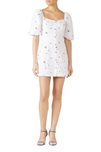 Saylor XL Dina Eyelet Lace Floral Mini Dress White Puff Sleeve Button Front - Picture 1 of 16