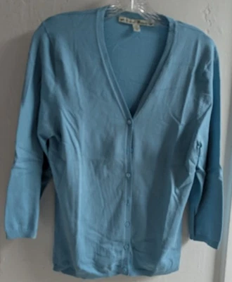David Brooks Blue Button Front V-neck 3/4 Sleeve Cardigan Large - Image 1 of 4