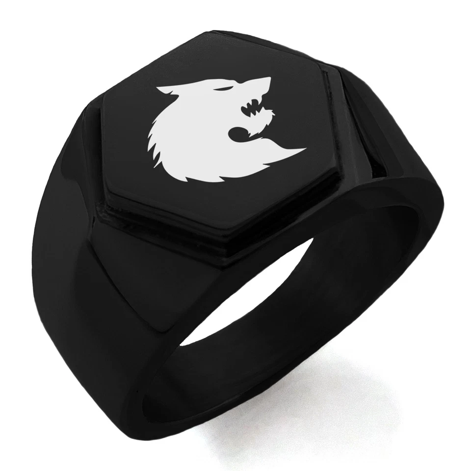 Anillo de sello de cresta hexagonal de acero inoxidable con diseño de animal de lobo para hombre Foto 1 de 1