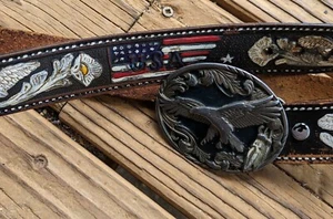 Vintage mexikanischer verzierter Ledergürtel Adler Flagge USA Siskiyou Adler Schnalle 36 Zoll - Bild 1 von 10