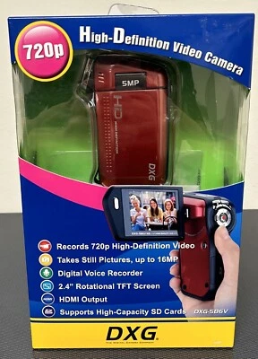 DXG(Radio Shack 品牌)720p 高清摄像机 DXG-5B6V 500 万像素 红色 全新 — 第 1/4 张图片