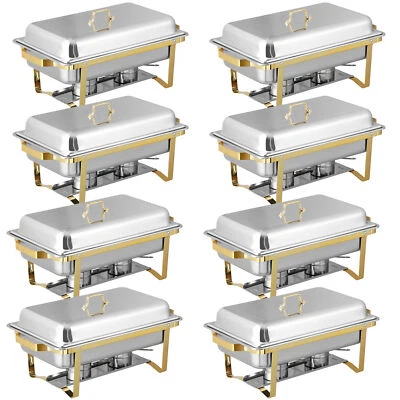 Paquete de 8 platos de frotamiento de 8 cuartos de galón juego de buffet calentador de alimentos chafer con patas y tapa plegables doradas Foto 1 de 4