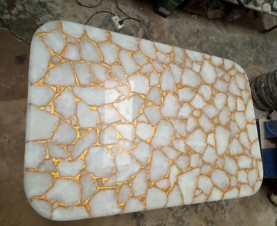 White Quartz with Golden Foil Breakfast Table Rectangle Epoxy Coffee Table Top - Image 1 of 4