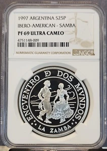 1997 ARGENTINA SILVER 25 PESOS DANCE LA ZAMBA NGC PF 69 ULTRA CAMEO SCARCE - Picture 1 of 3