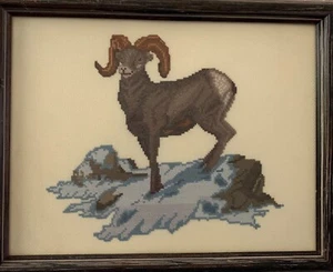 Framed Handmade Cross Stitch of Mountain Goat 11.5 x 14.5 - Picture 1 of 11