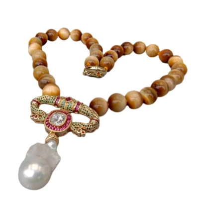 Colar olho de tigre amarelo 12 mm pavê de zircônia cúbica pingente de pérola branca Keshi 18" - Imagem 1 de 4