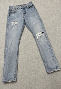 Levis 501 Jeans Women 26x27 Blue wash Denim Premium Big E Distressed Classic Fit - Picture 1 of 20