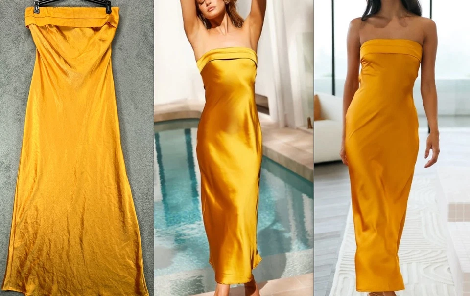 Maxi Boda Alice Elle Mujer 8 Vestidos Oro Amarillo Satinado Sin Tirantes Brillo Dorado Foto 1 de 4