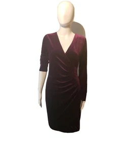 Abito tubino donna Dkny velluto bordeaux manica lunga scollo a V increspato laterale taglia 2 - Foto 1 di 3