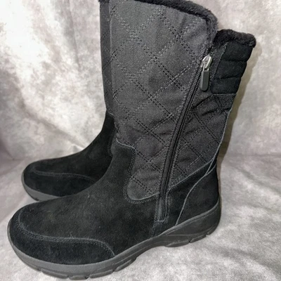 LANDS' END Womens 10B Black Quilted Suede Sherpa Lined Side Zip Winter Snow Boot - Image 1 of 4